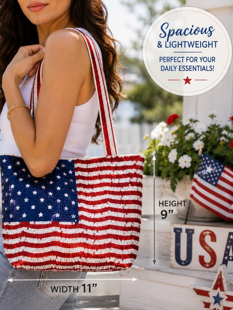 K.C. Malhan Patriotic American Flag Sequin Tote Bag